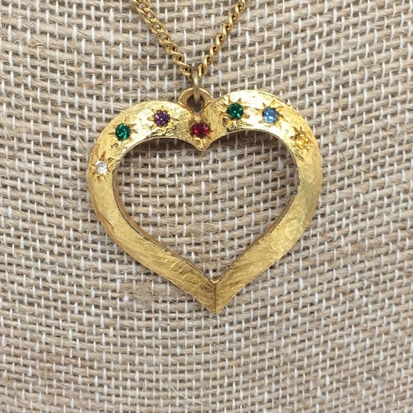 VINTAGE GOLD TONE HEART JEWEL TONE RHINESTONES NECKLACE - Picture 7 of 13